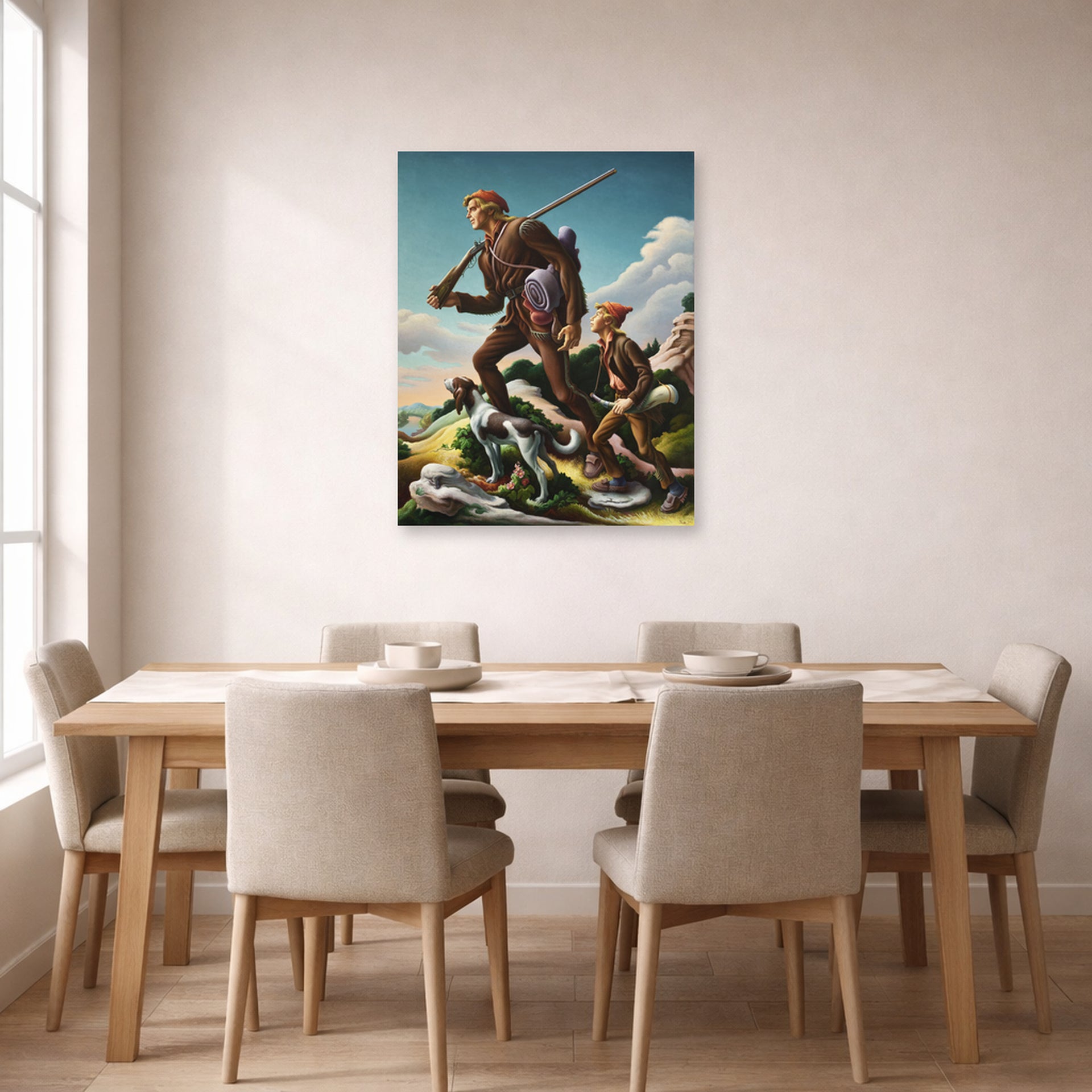 Unframed poster print of Thomas Hart Benton's The Kentuckian displayed on a wall in a dining room
