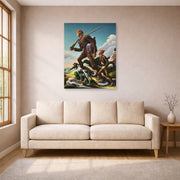 Unframed poster print of Thomas Hart Benton's The Kentuckian displayed on a wall in a living room