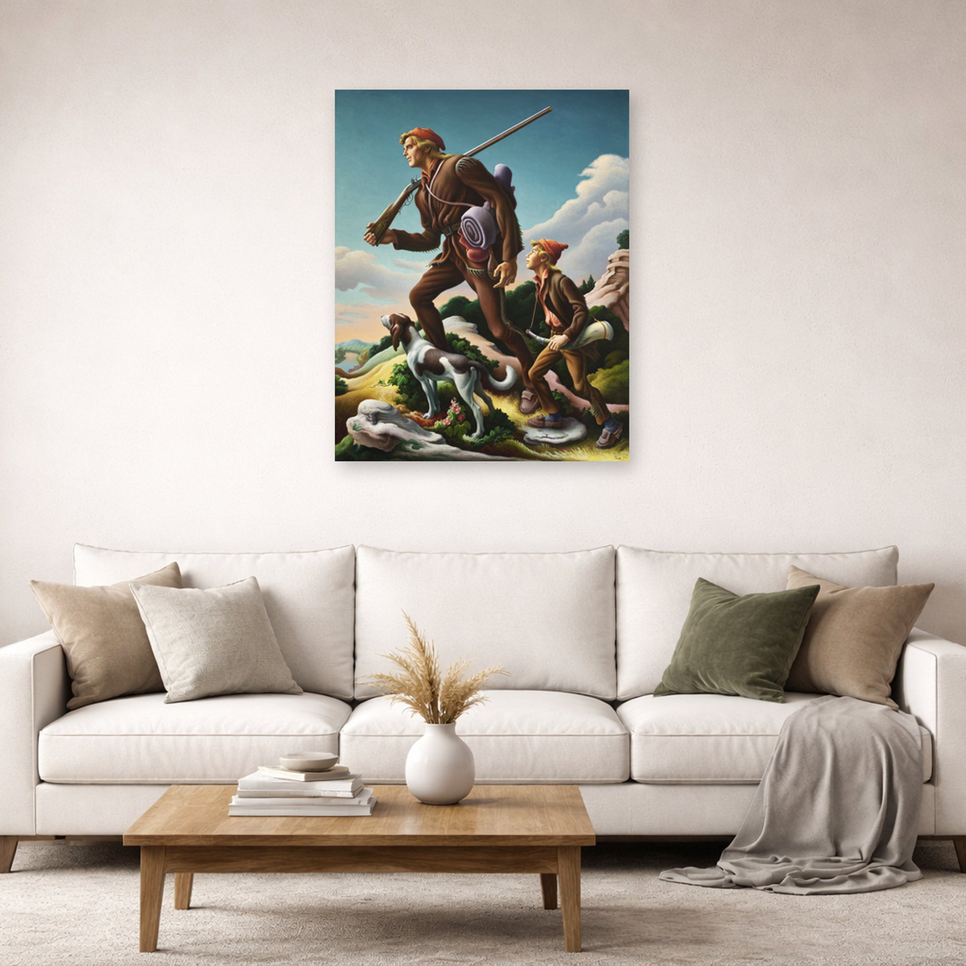 Unframed poster print of Thomas Hart Benton's The Kentuckian displayed on a wall in a living room