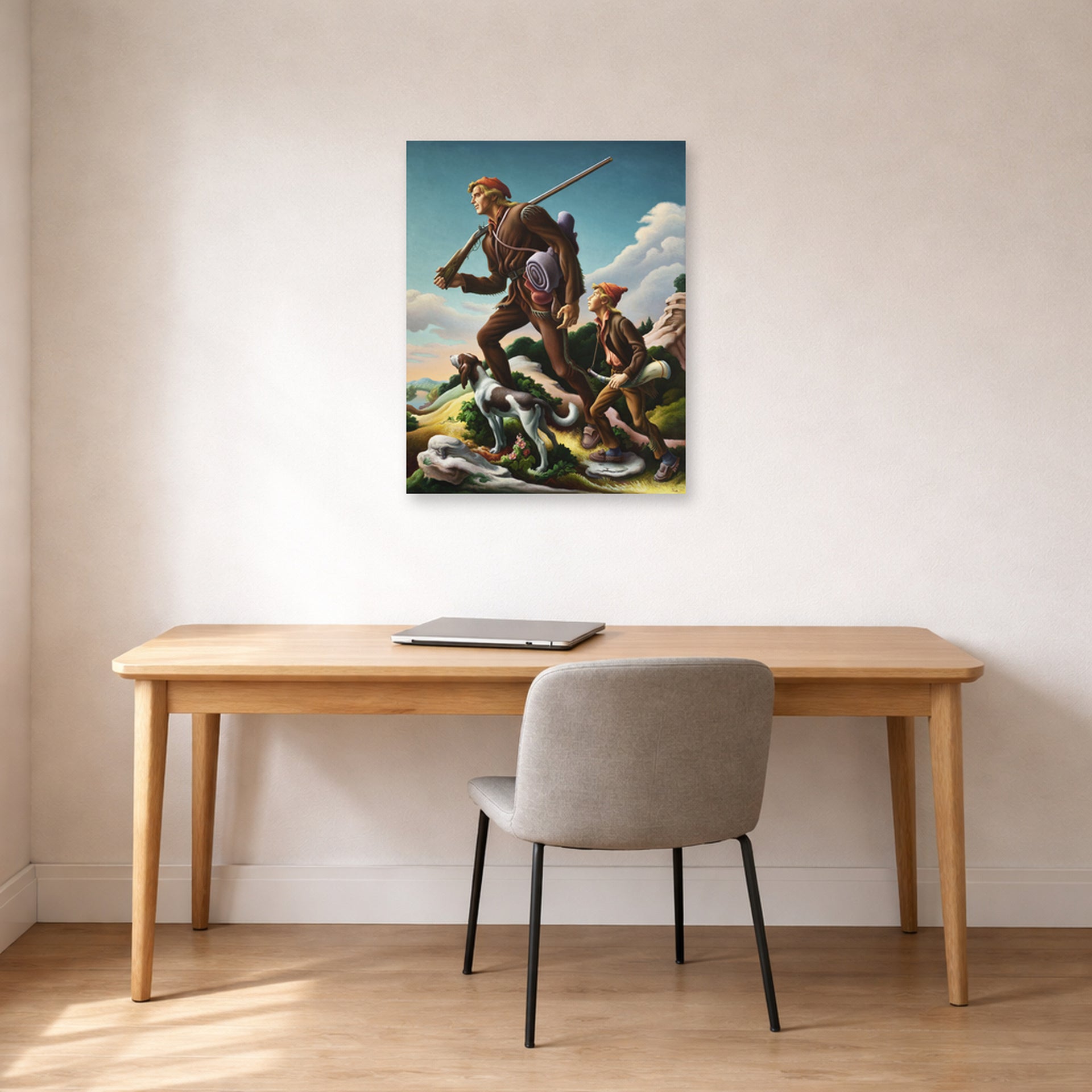 Unframed poster print of Thomas Hart Benton's The Kentuckian displayed on a wall in a home office