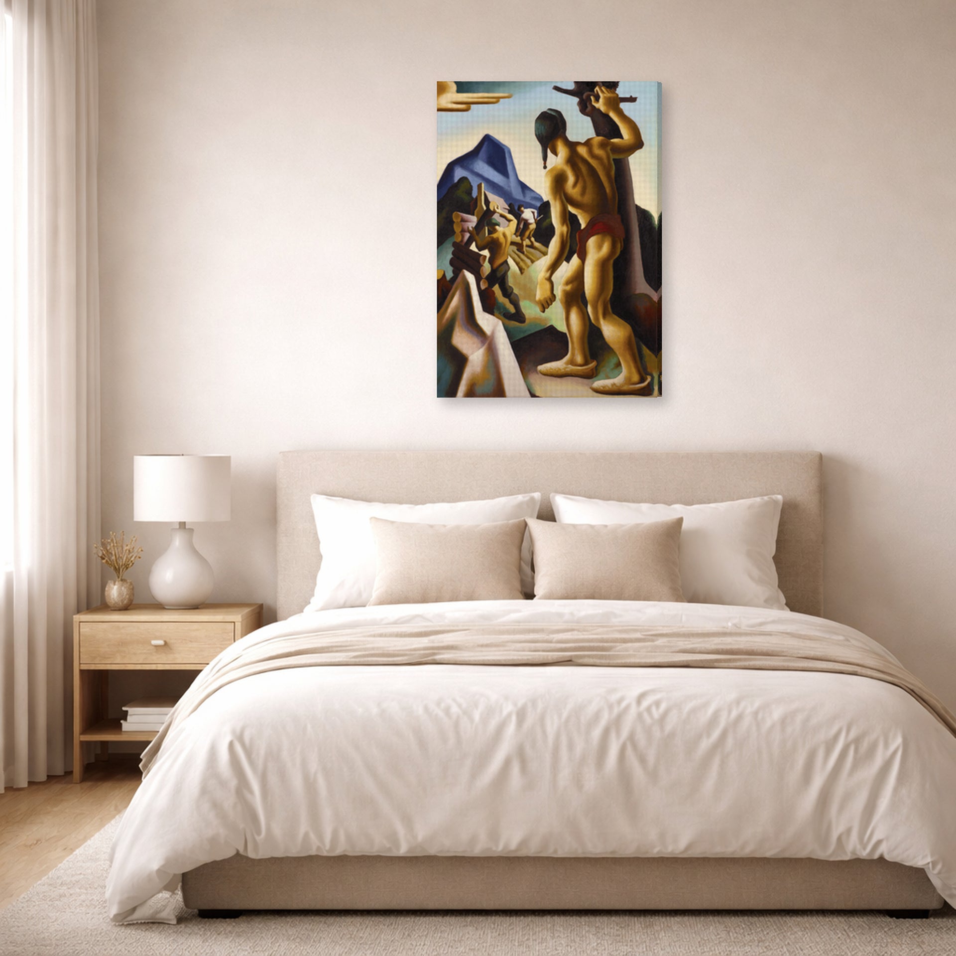 Gallery-wrapped canvas print of Thomas Hart Benton's The Lost Hunting Ground displayed on a wall in a bedroom