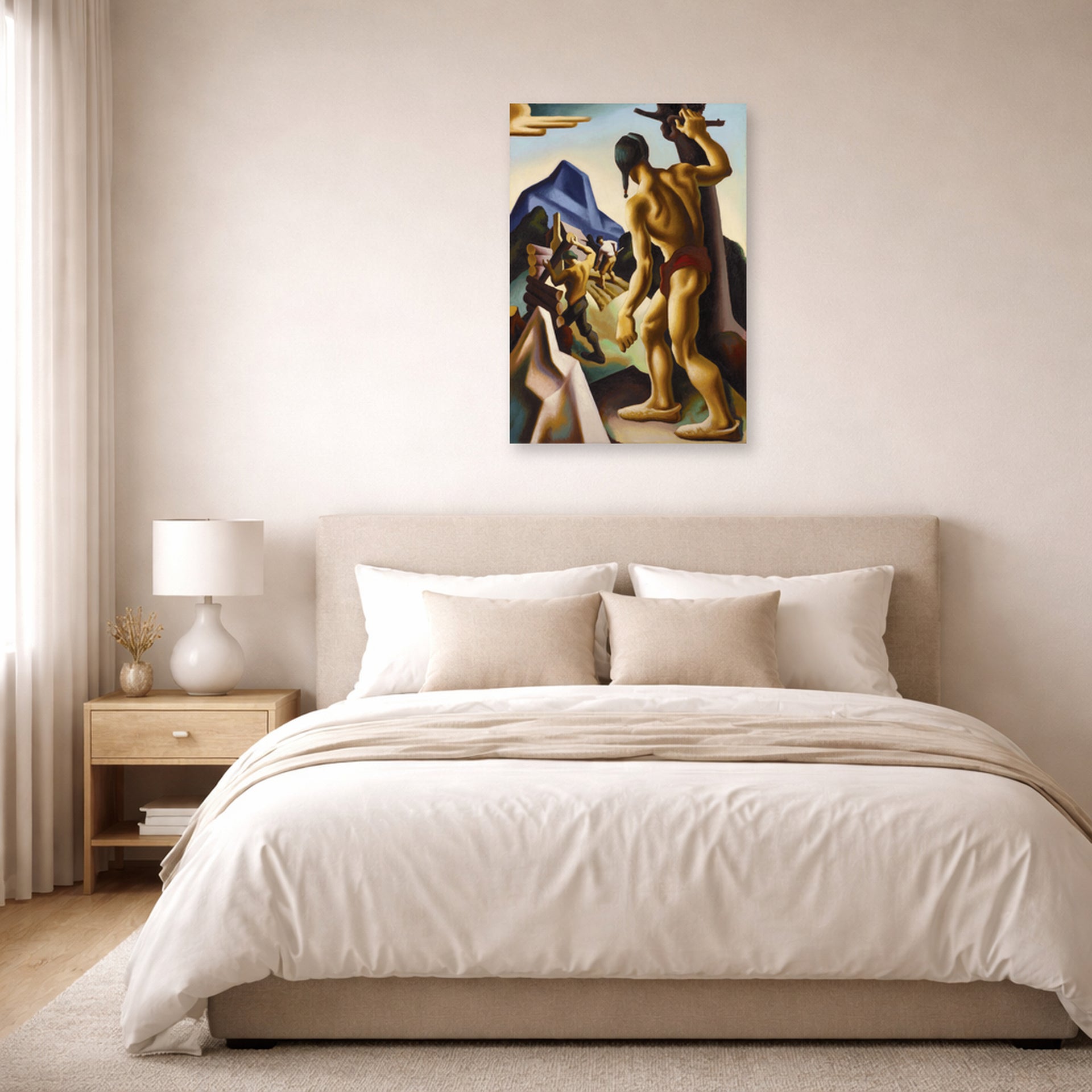Unframed poster print of Thomas Hart Benton's The Lost Hunting Ground displayed on a wall in a bedroom