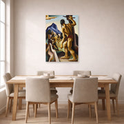 Unframed poster print of Thomas Hart Benton's The Lost Hunting Ground displayed on a wall in a dining room