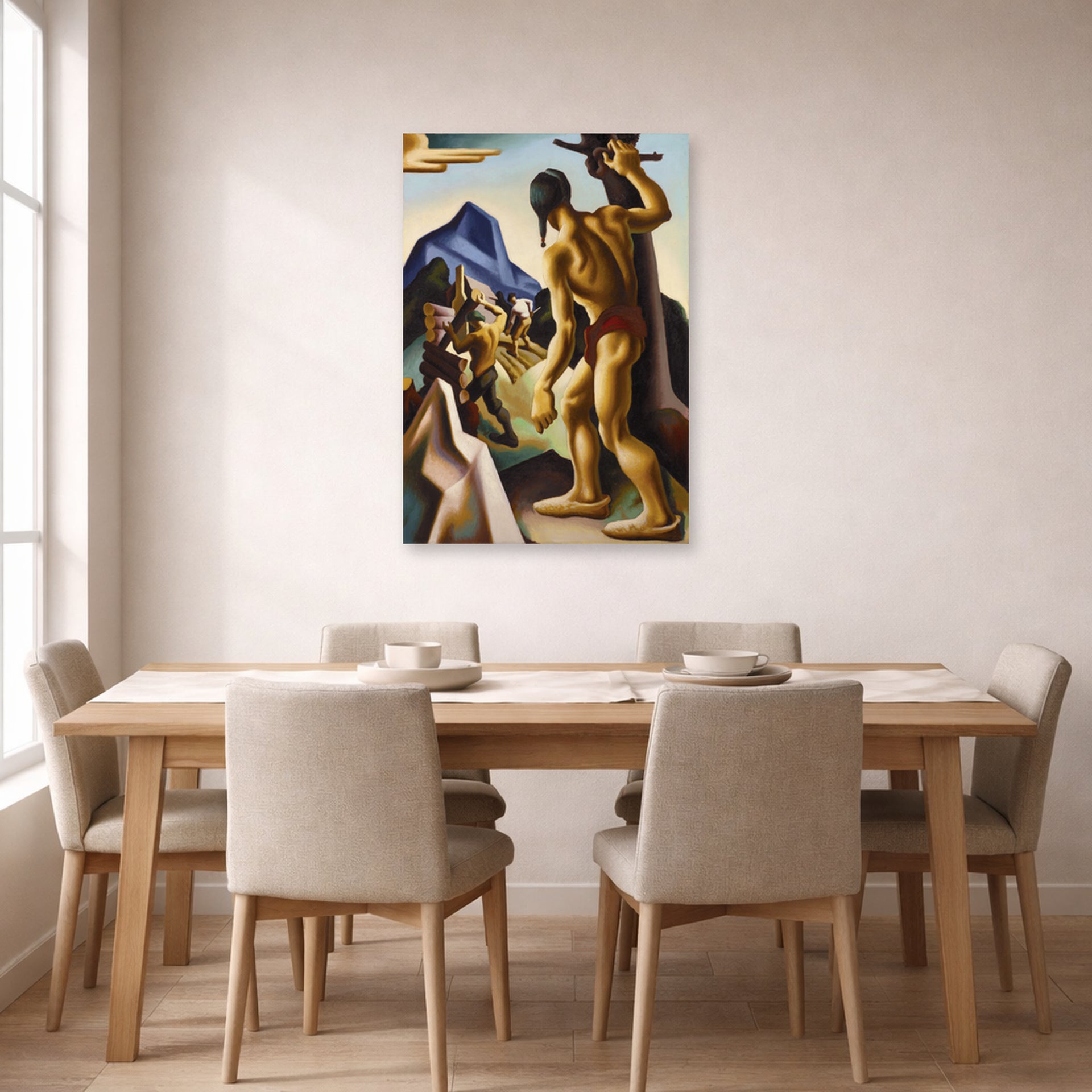Unframed poster print of Thomas Hart Benton's The Lost Hunting Ground displayed on a wall in a dining room