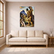 Unframed poster print of Thomas Hart Benton's The Lost Hunting Ground displayed on a wall in a living room