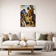 Unframed poster print of Thomas Hart Benton's The Lost Hunting Ground displayed on a wall in a living room