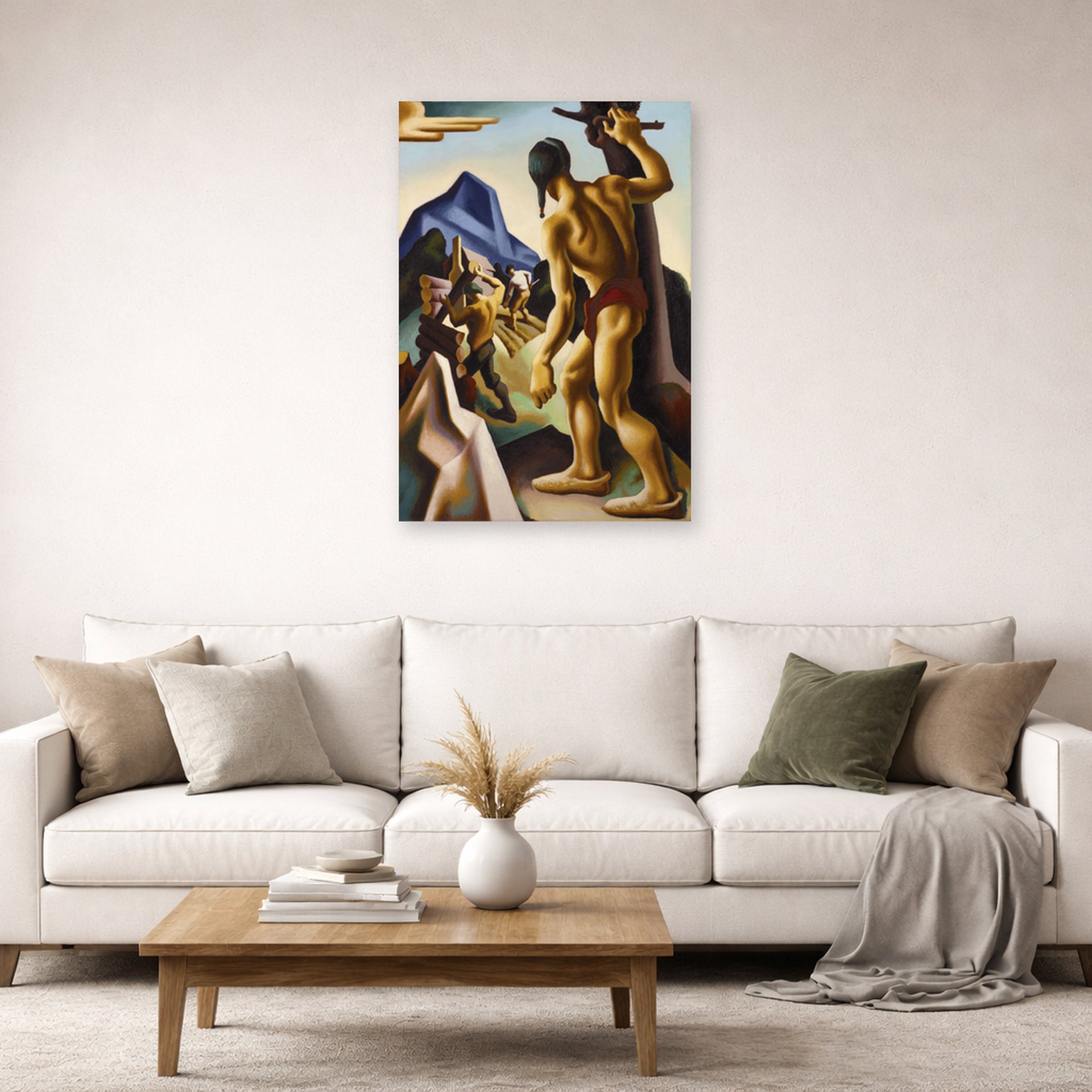Unframed poster print of Thomas Hart Benton's The Lost Hunting Ground displayed on a wall in a living room