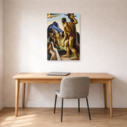 Unframed poster print of Thomas Hart Benton's The Lost Hunting Ground displayed on a wall in a home office