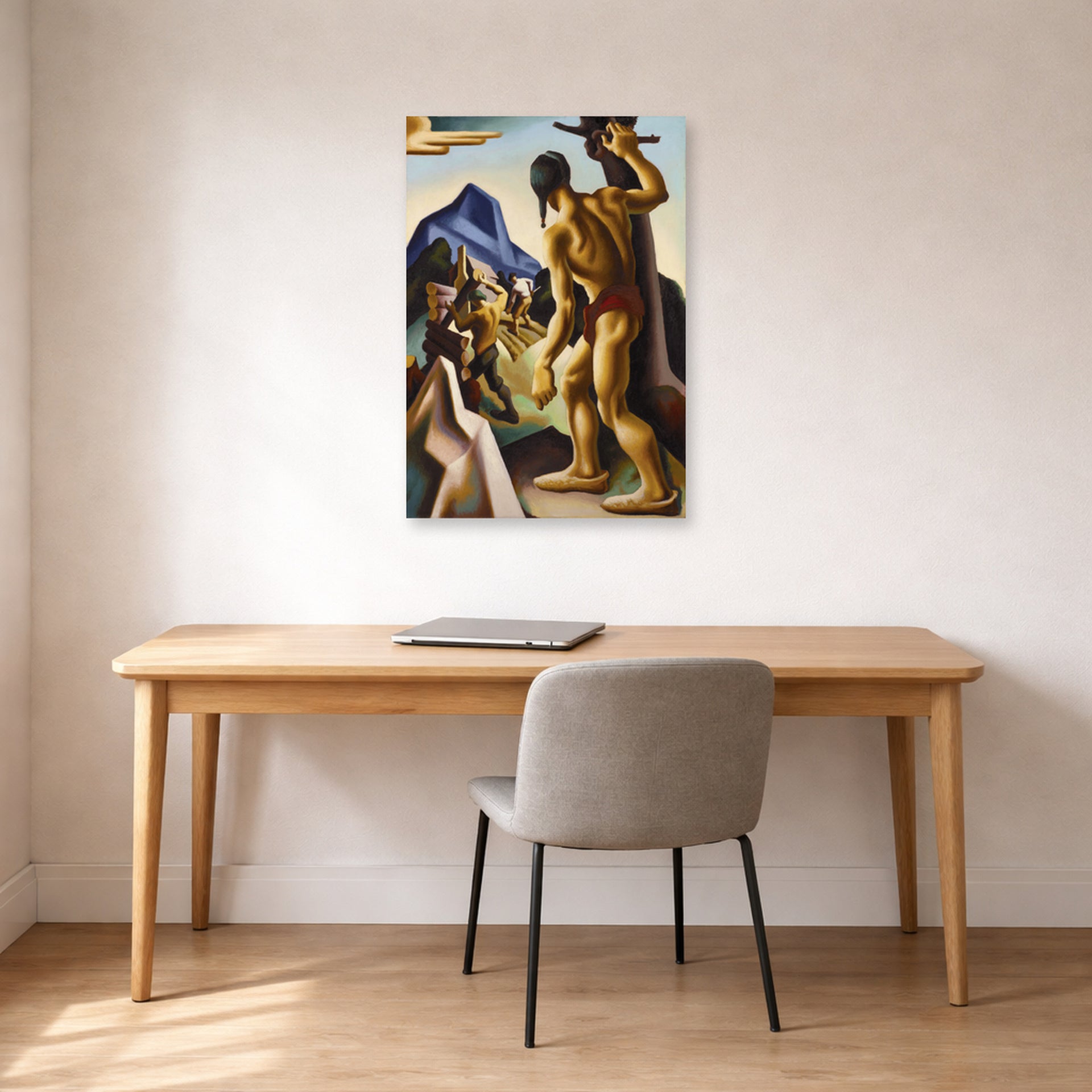 Unframed poster print of Thomas Hart Benton's The Lost Hunting Ground displayed on a wall in a home office