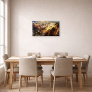 Gallery-wrapped canvas print of Thomas Moran's Grand Canyon of Yellow Stone displayed on a wall in a dining