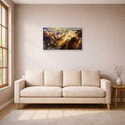 Gallery-wrapped canvas print of Thomas Moran's Grand Canyon of Yellow Stone displayed on a wall in a living room