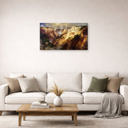 Gallery-wrapped canvas print of Thomas Moran's Grand Canyon of Yellow Stone displayed on a wall in a living room