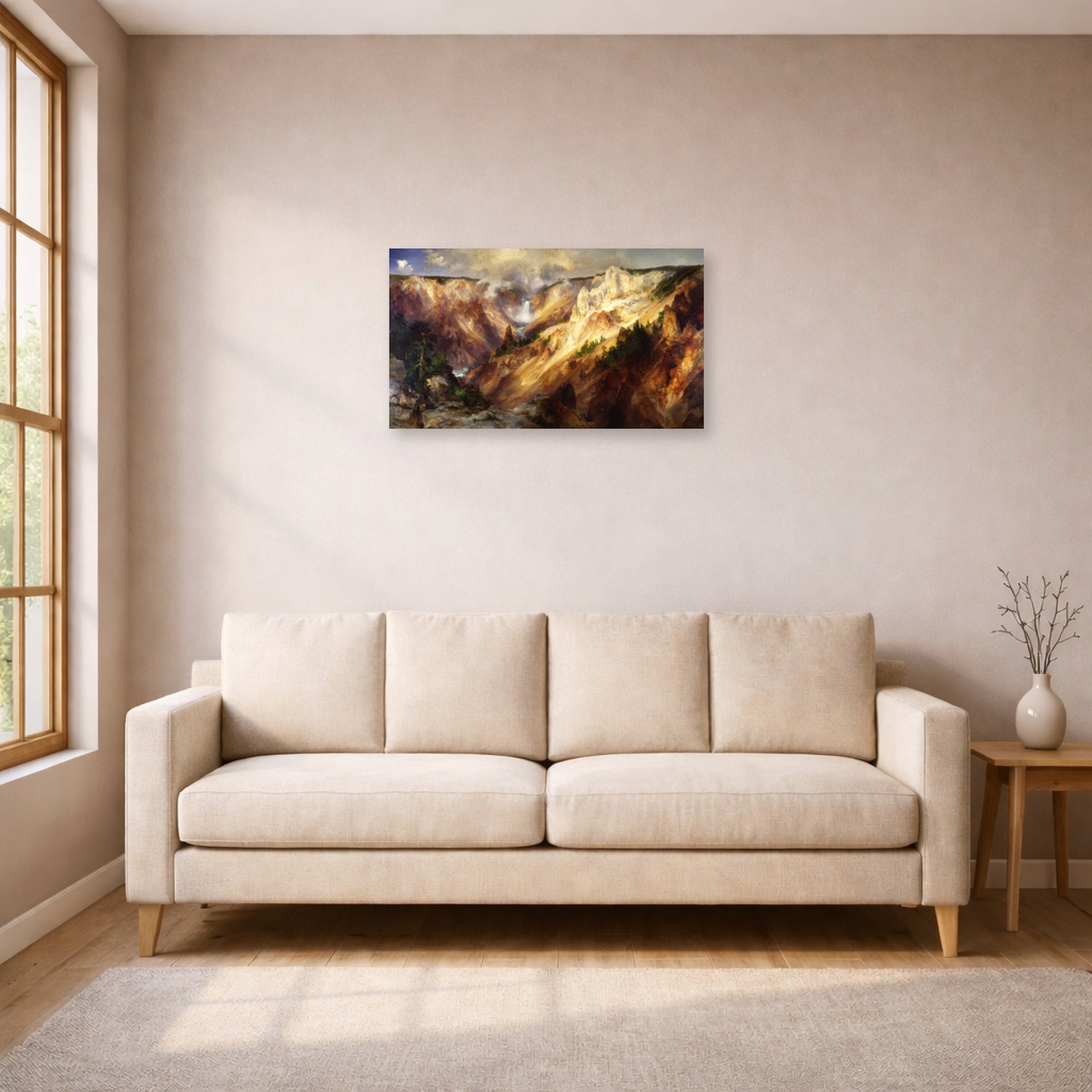 Unframed poster print of Thomas Moran's Grand Canyon of Yellow Stone displayed on a wall in a living room