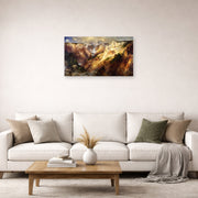 Unframed poster print of Thomas Moran's Grand Canyon of Yellow Stone displayed on a wall in a living room