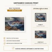 Thomas Moran - Shoshone Falls, Idaho canvas print size comparison and framing display infographic