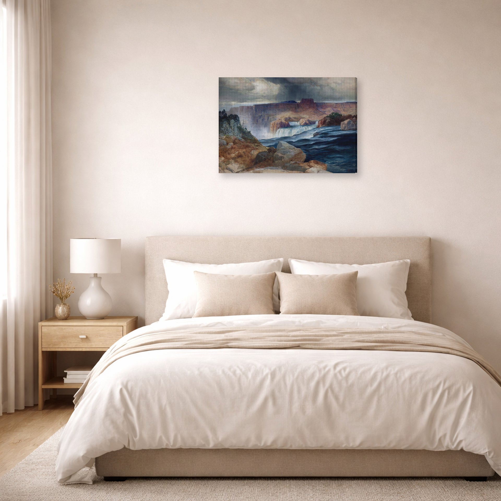 Gallery-wrapped canvas print of Thomas Moran's Shoshone Falls, Idaho displayed on a wall in a bedroom