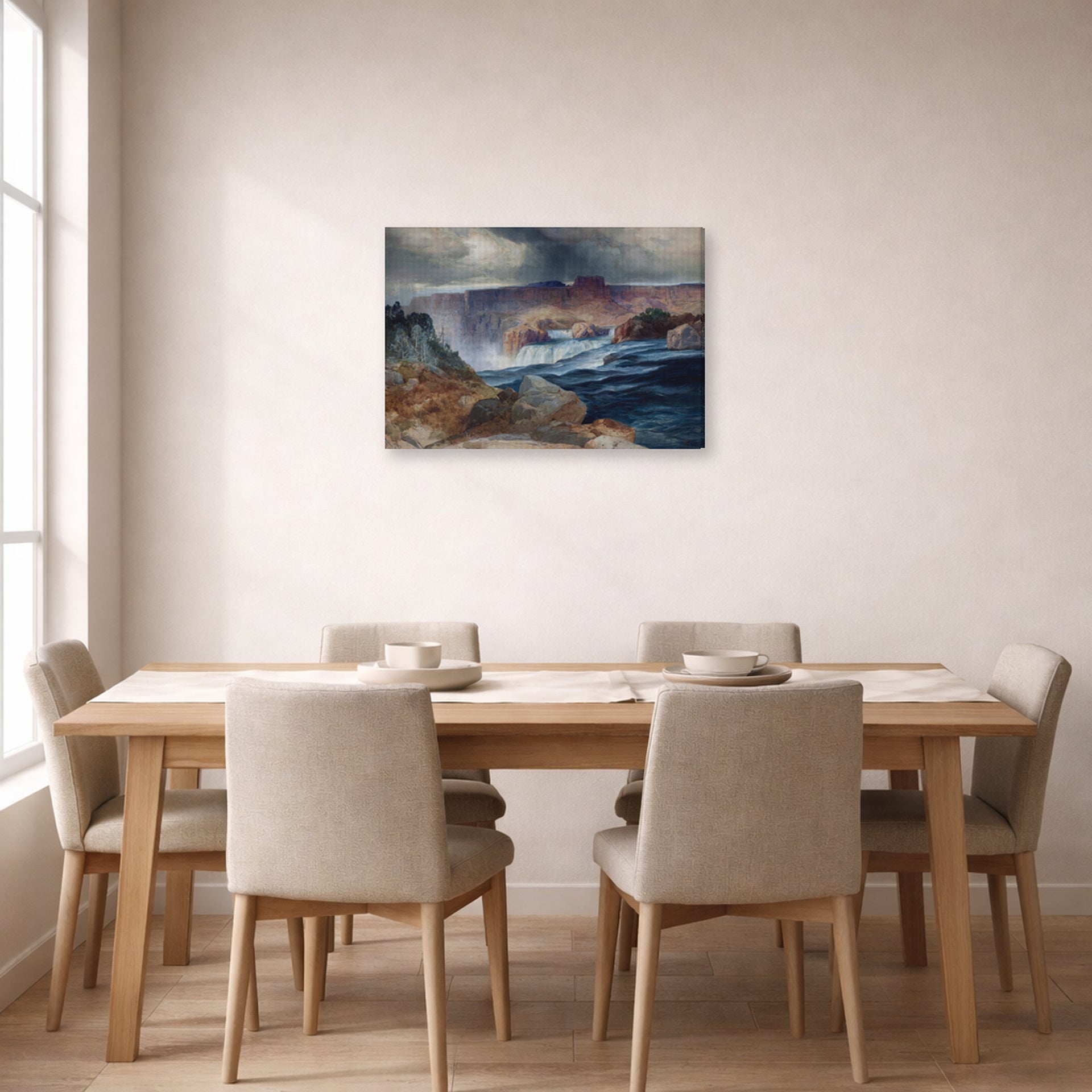 Gallery-wrapped canvas print of Thomas Moran's Shoshone Falls, Idaho displayed on a wall in a dining