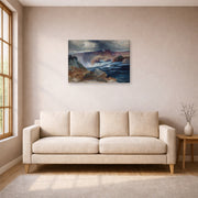 Gallery-wrapped canvas print of Thomas Moran's Shoshone Falls, Idaho displayed on a wall in a living room