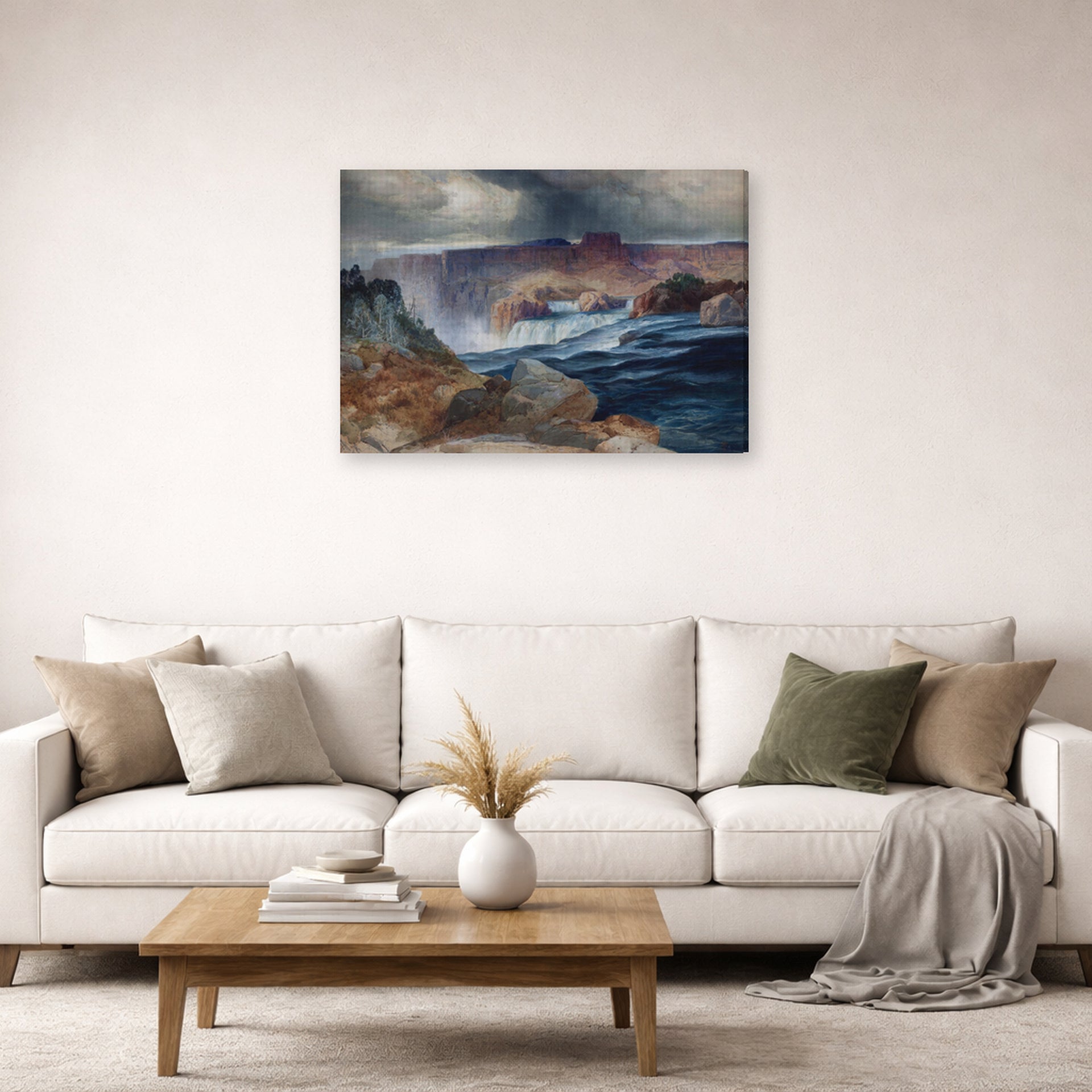 Gallery-wrapped canvas print of Thomas Moran's Shoshone Falls, Idaho displayed on a wall in a living room