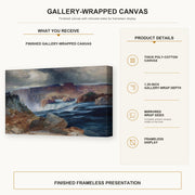 Thomas Moran - Shoshone Falls, Idaho gallery wrap canvas construction and hanging details infographic