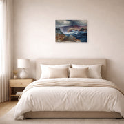 Unframed poster print of Thomas Moran's Shoshone Falls, Idaho displayed on a wall in a bedroom
