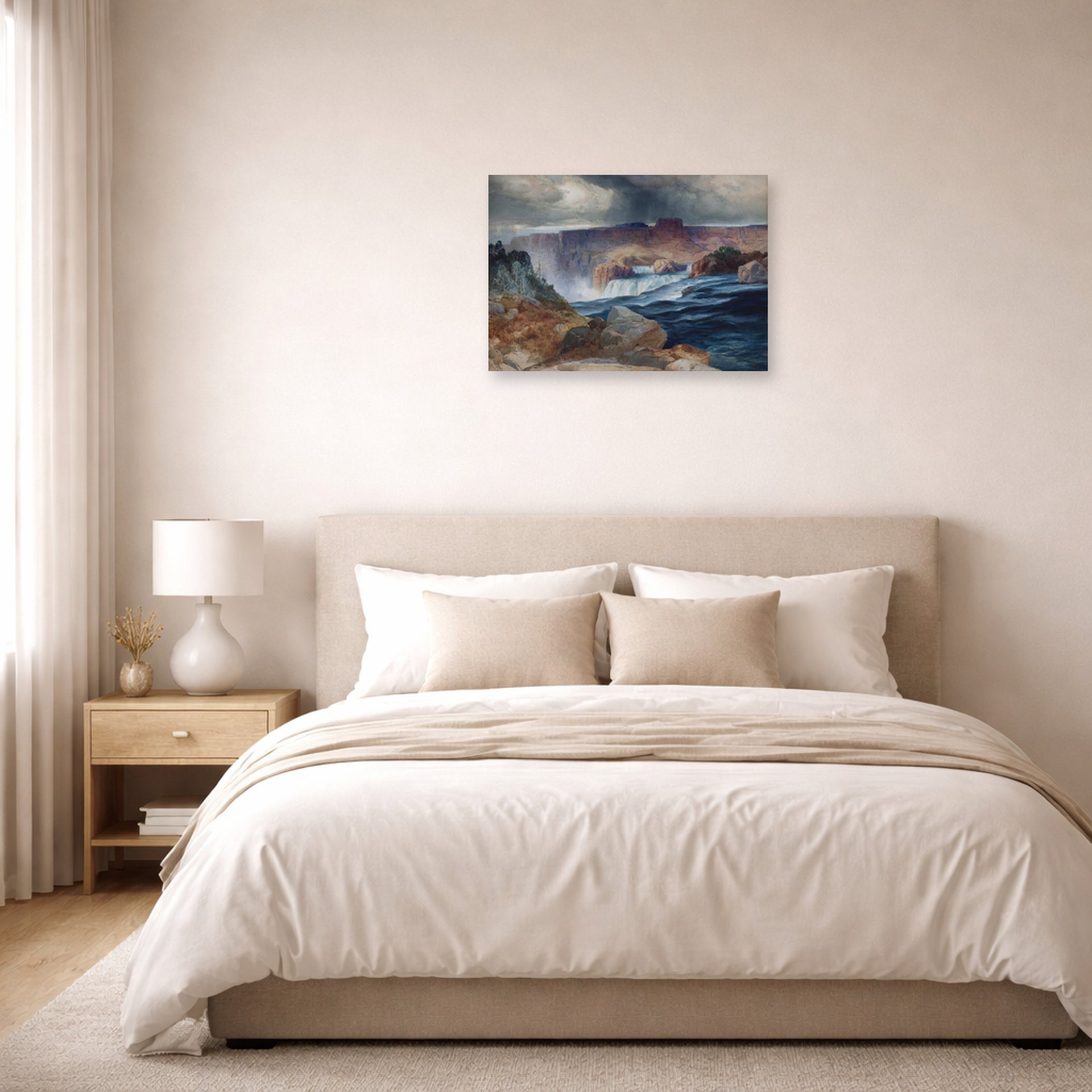 Unframed poster print of Thomas Moran's Shoshone Falls, Idaho displayed on a wall in a bedroom