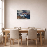 Unframed poster print of Thomas Moran's Shoshone Falls, Idaho displayed on a wall in a dining
