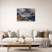 Unframed poster print of Thomas Moran's Shoshone Falls, Idaho displayed on a wall in a living room