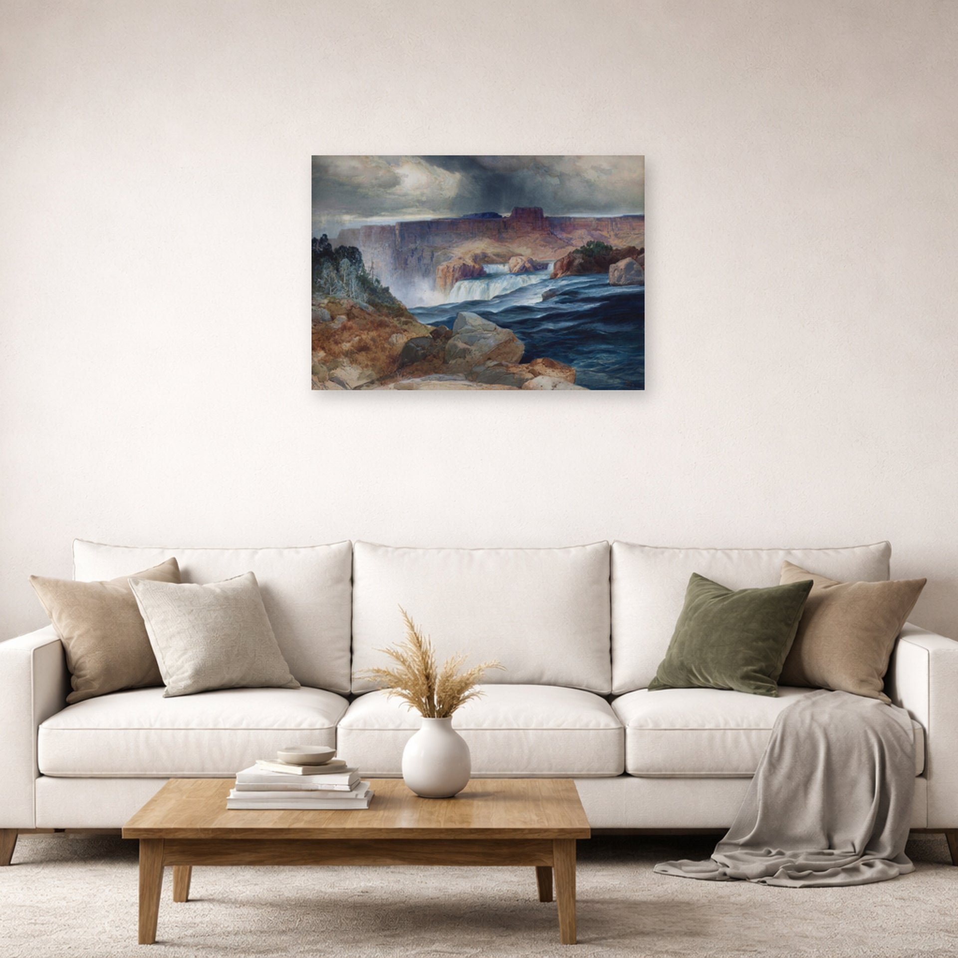Unframed poster print of Thomas Moran's Shoshone Falls, Idaho displayed on a wall in a living room