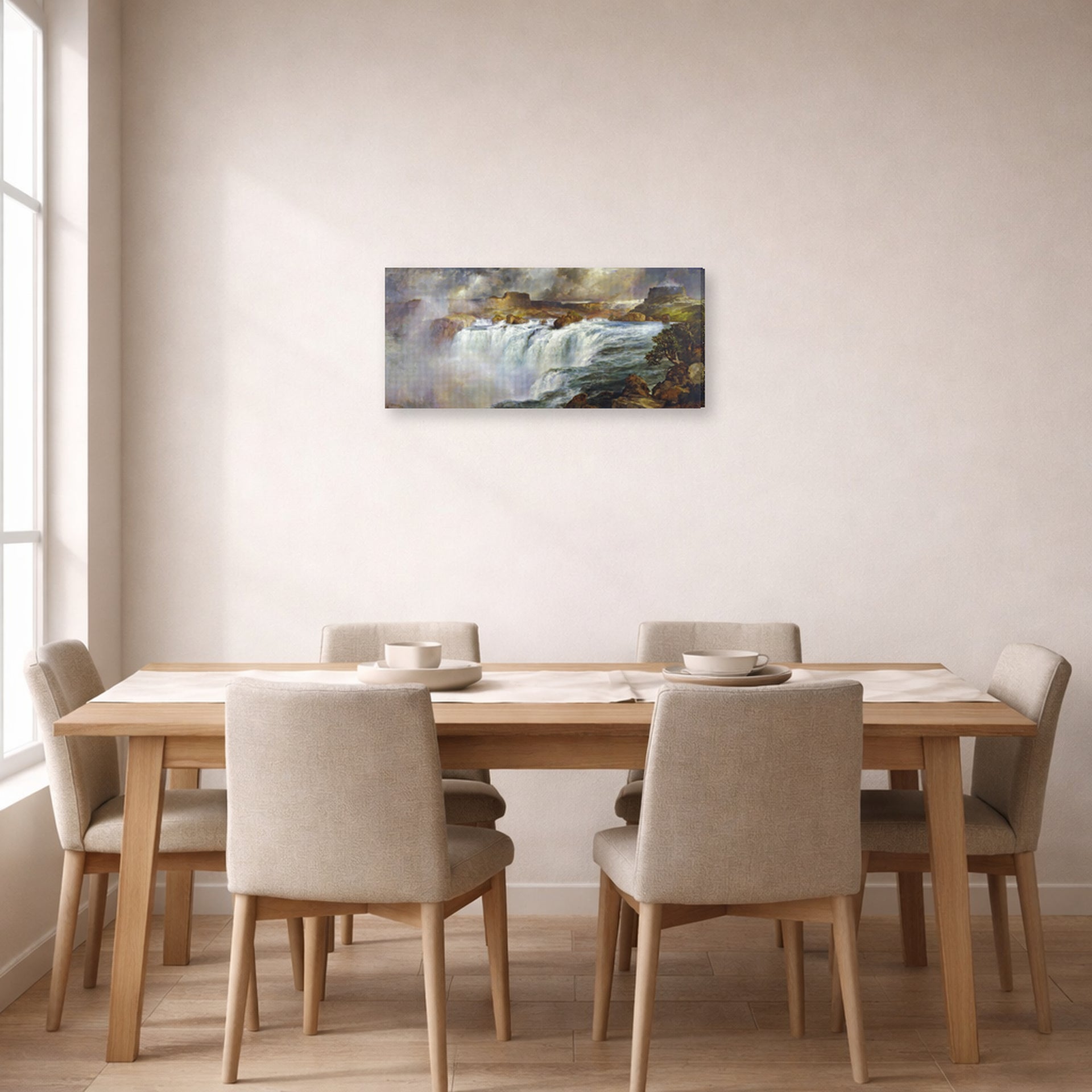 Gallery-wrapped canvas print of Thomas Moran's Shoshone Falls on the Snake River displayed on a wall in a dining