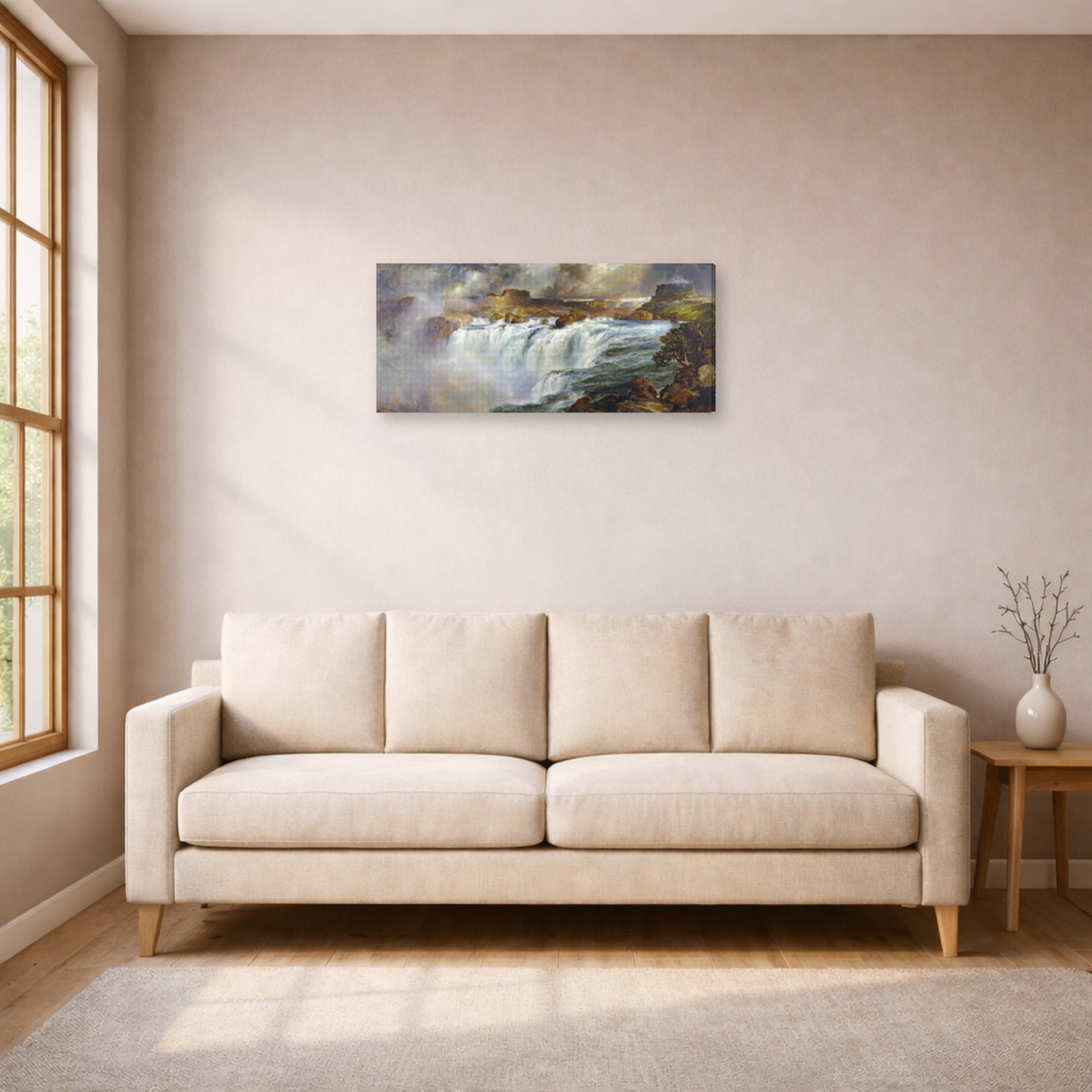 Gallery-wrapped canvas print of Thomas Moran's Shoshone Falls on the Snake River displayed on a wall in a living room