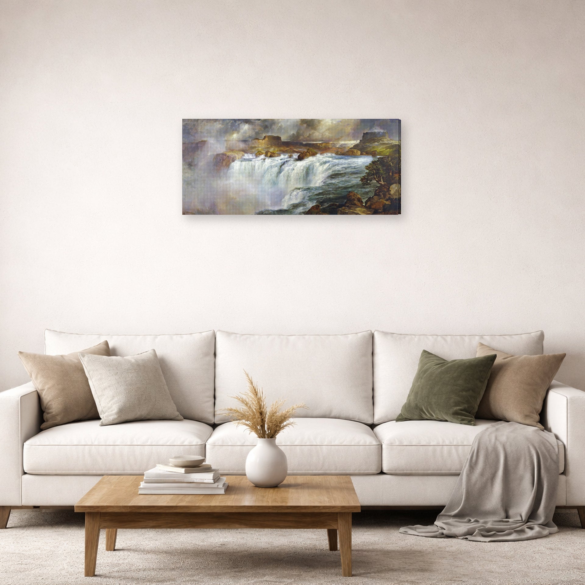 Gallery-wrapped canvas print of Thomas Moran's Shoshone Falls on the Snake River displayed on a wall in a living room