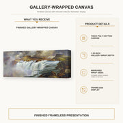 Thomas Moran - Shoshone Falls on the Snake River gallery wrap canvas construction and hanging details infographic