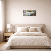 Unframed poster print of Thomas Moran's Shoshone Falls on the Snake River displayed on a wall in a bedroom