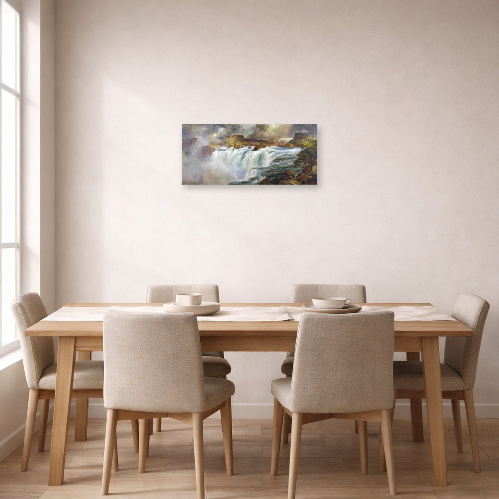 Unframed poster print of Thomas Moran's Shoshone Falls on the Snake River displayed on a wall in a dining