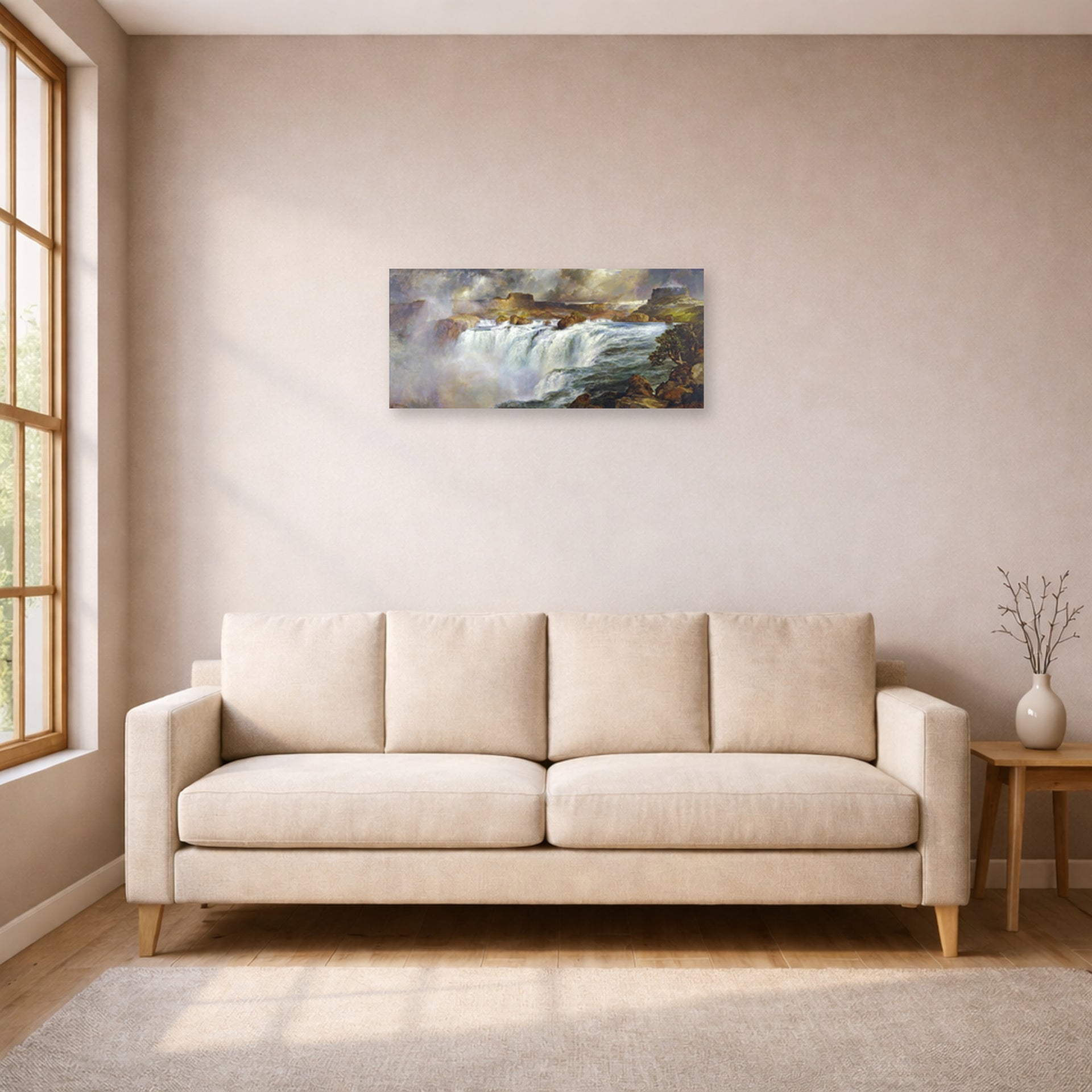 Unframed poster print of Thomas Moran's Shoshone Falls on the Snake River displayed on a wall in a living room