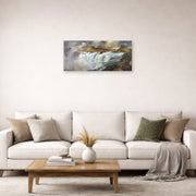 Unframed poster print of Thomas Moran's Shoshone Falls on the Snake River displayed on a wall in a living room