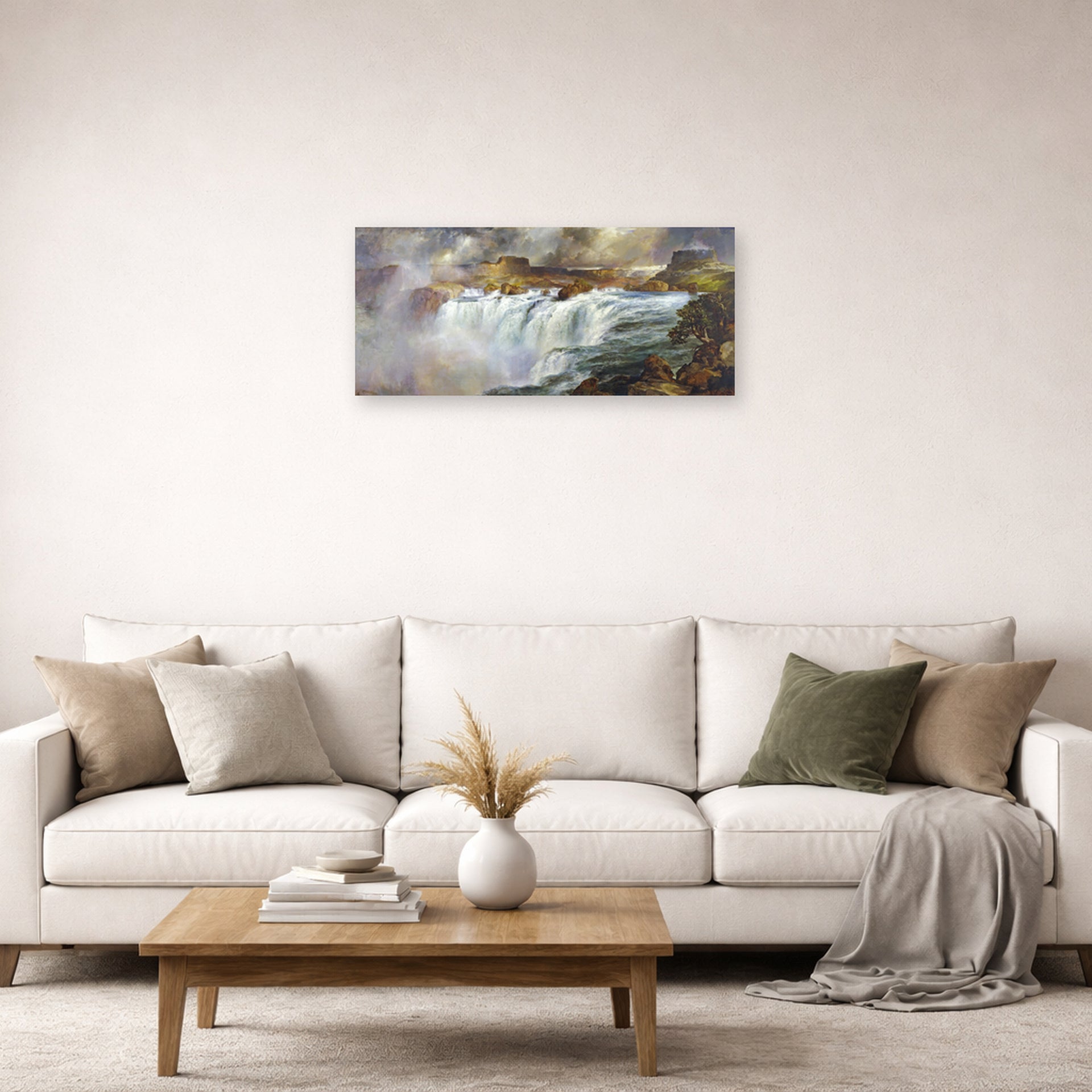 Unframed poster print of Thomas Moran's Shoshone Falls on the Snake River displayed on a wall in a living room