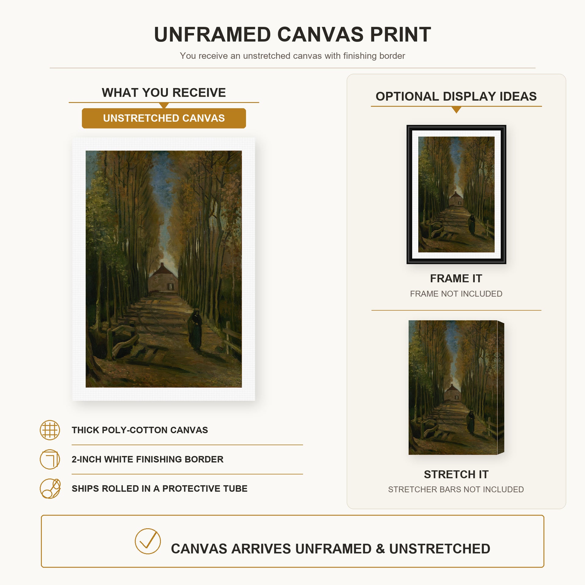 Vincent van Gogh - Avenue of Poplars in Autumn canvas print size comparison and framing display infographic
