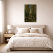 Gallery-wrapped canvas print of Vincent van Gogh's Avenue of Poplars in Autumn displayed on a wall in a bedroom