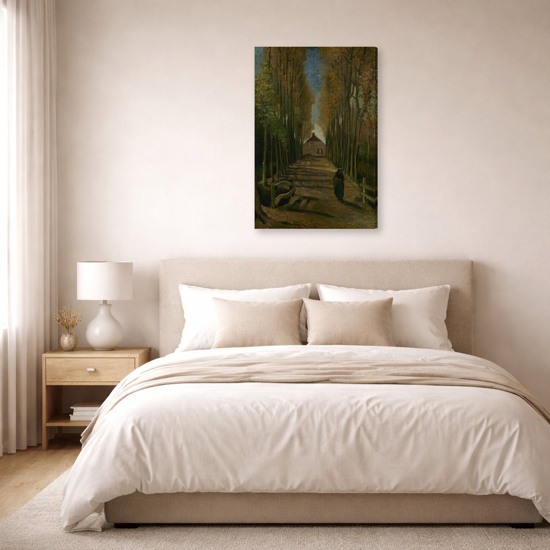 Gallery-wrapped canvas print of Vincent van Gogh's Avenue of Poplars in Autumn displayed on a wall in a bedroom