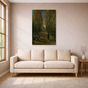 Gallery-wrapped canvas print of Vincent van Gogh's Avenue of Poplars in Autumn displayed on a wall in a living room