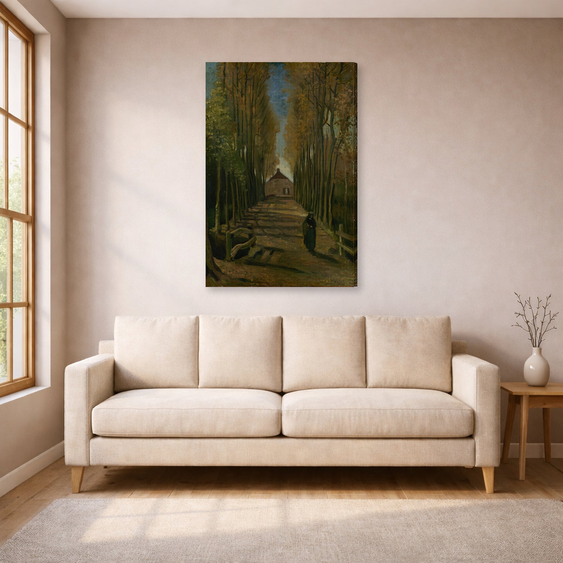 Gallery-wrapped canvas print of Vincent van Gogh's Avenue of Poplars in Autumn displayed on a wall in a living room