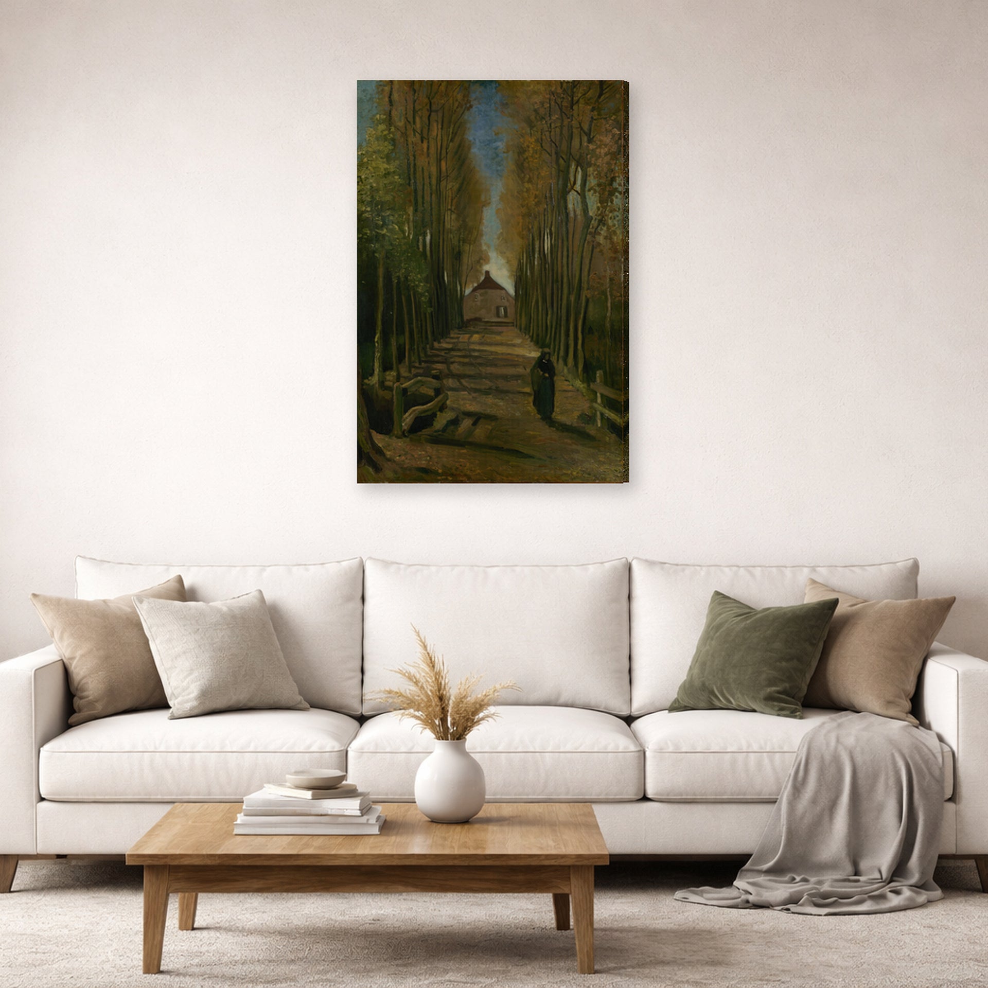 Gallery-wrapped canvas print of Vincent van Gogh's Avenue of Poplars in Autumn displayed on a wall in a living room