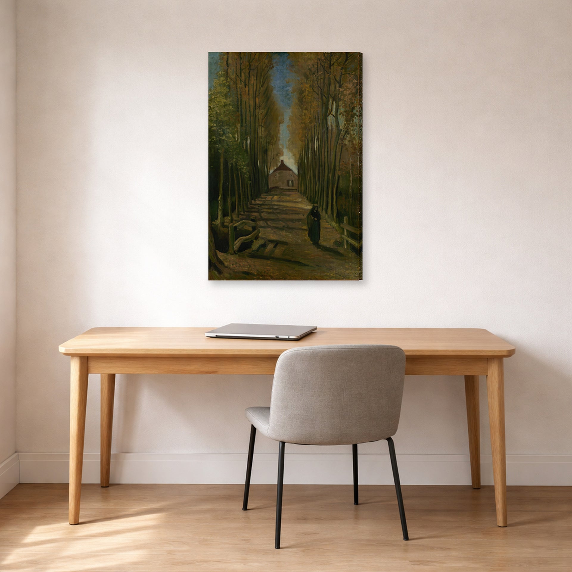 Gallery-wrapped canvas print of Vincent van Gogh's Avenue of Poplars in Autumn displayed on a wall in a home office