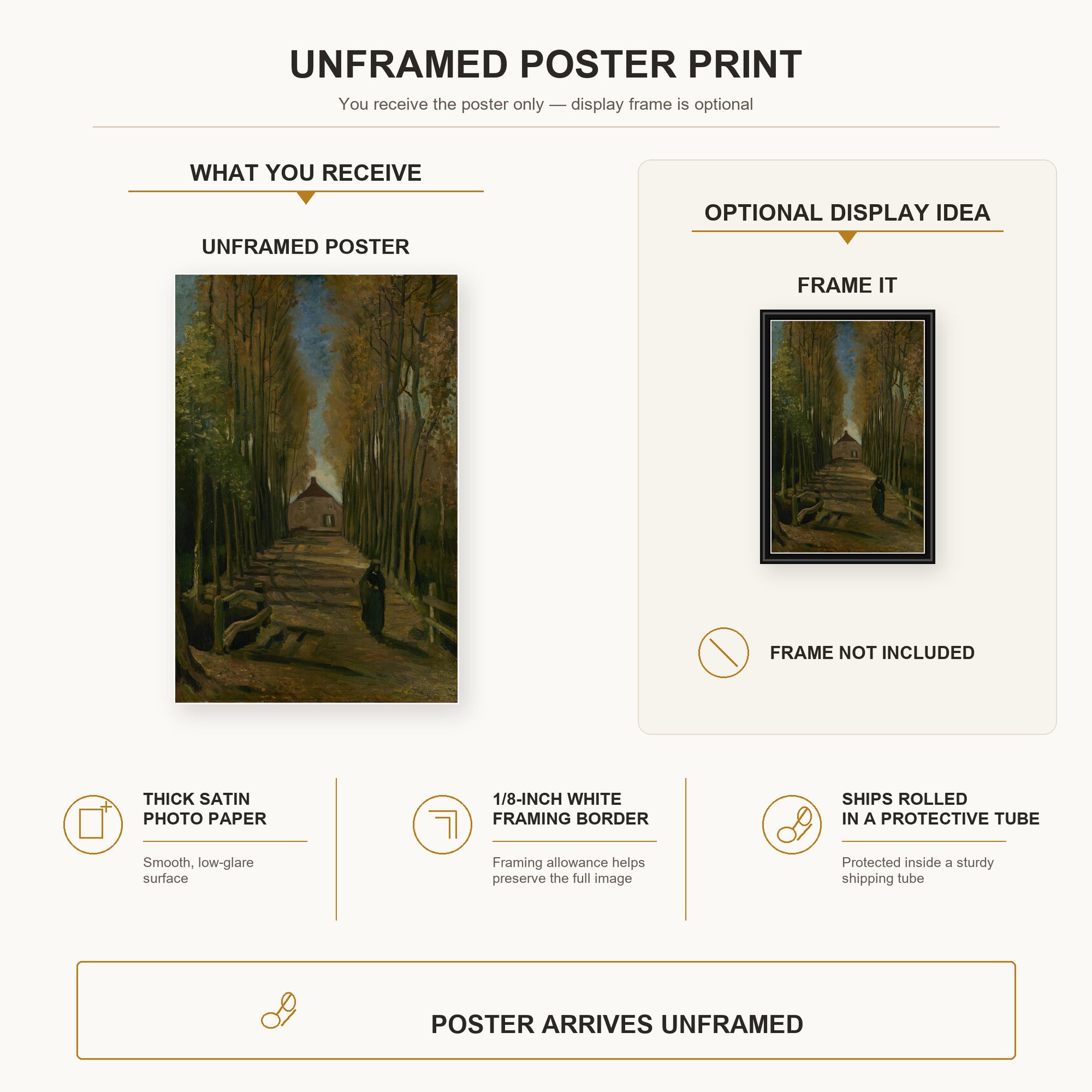 Vincent van Gogh - Avenue of Poplars in Autumn poster print size comparison and framing display infographic