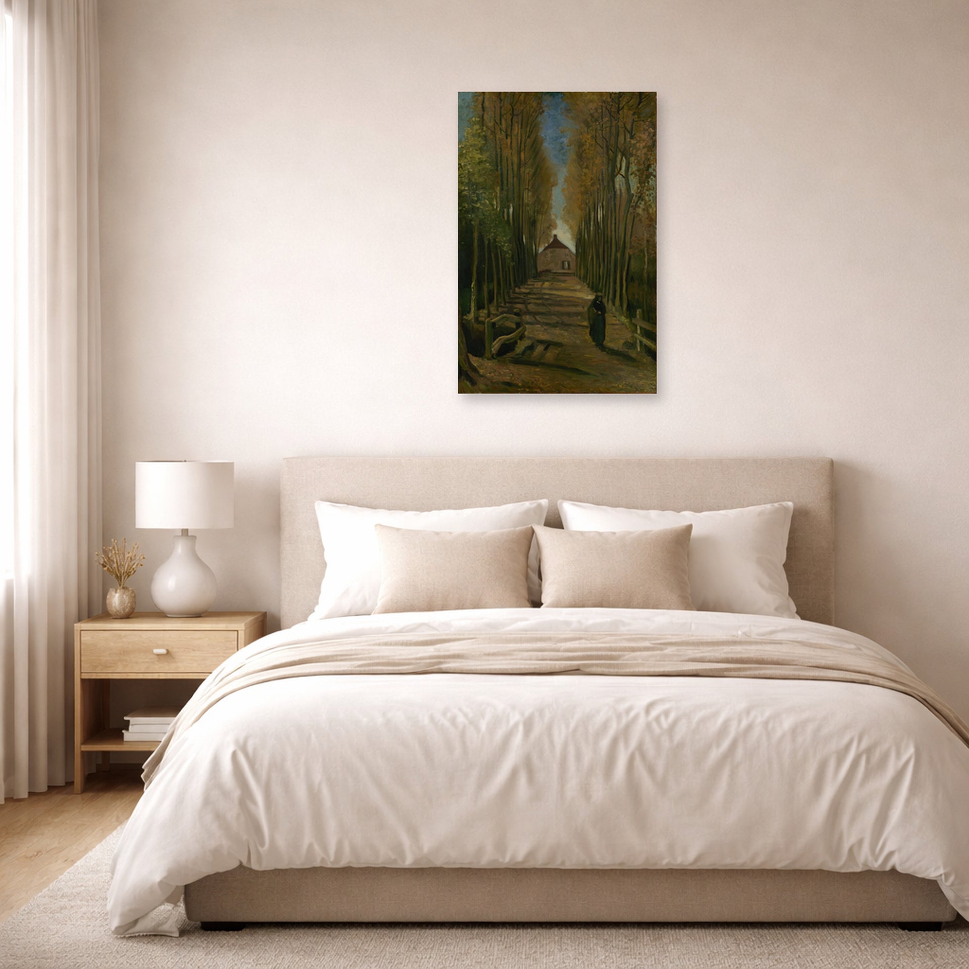 Unframed poster print of Vincent van Gogh's Avenue of Poplars in Autumn displayed on a wall in a bedroom