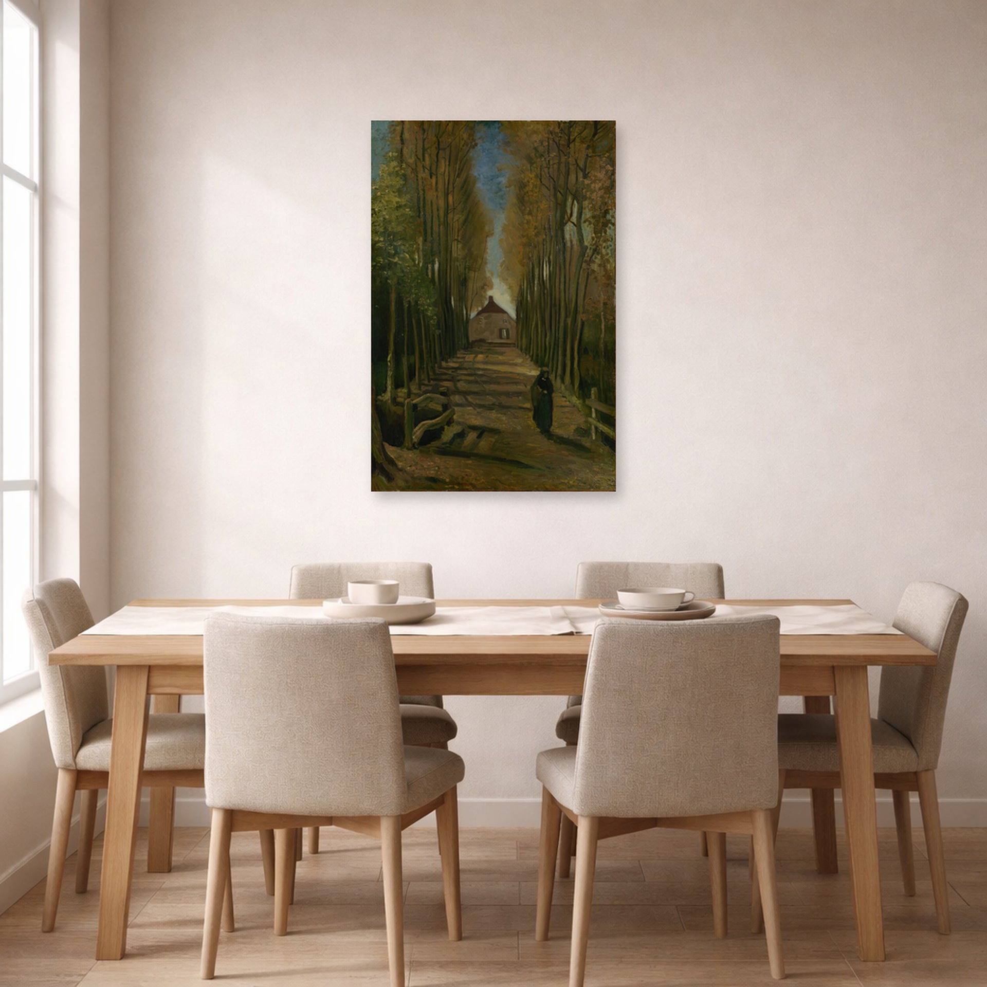 Unframed poster print of Vincent van Gogh's Avenue of Poplars in Autumn displayed on a wall in a dining room