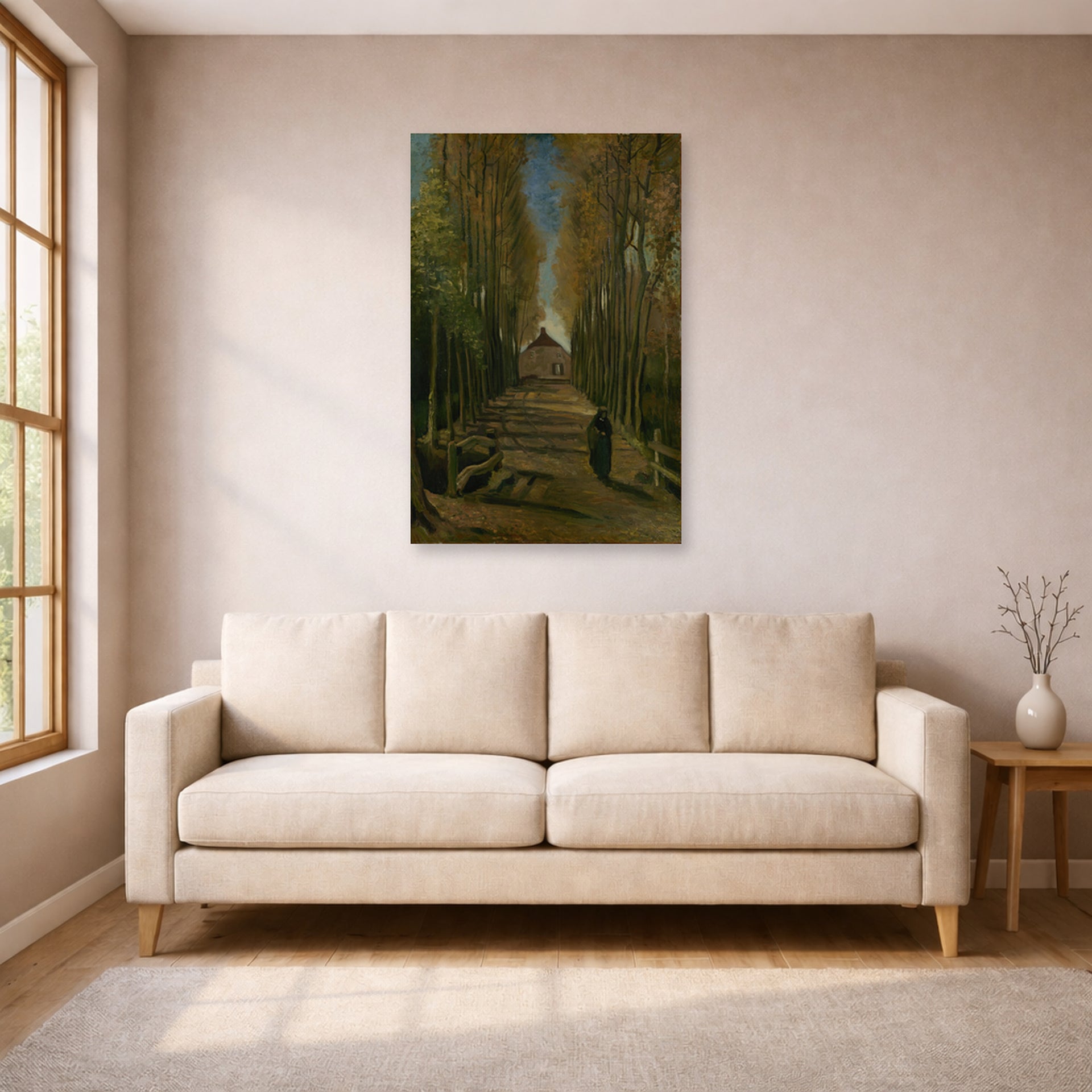 Unframed poster print of Vincent van Gogh's Avenue of Poplars in Autumn displayed on a wall in a living room
