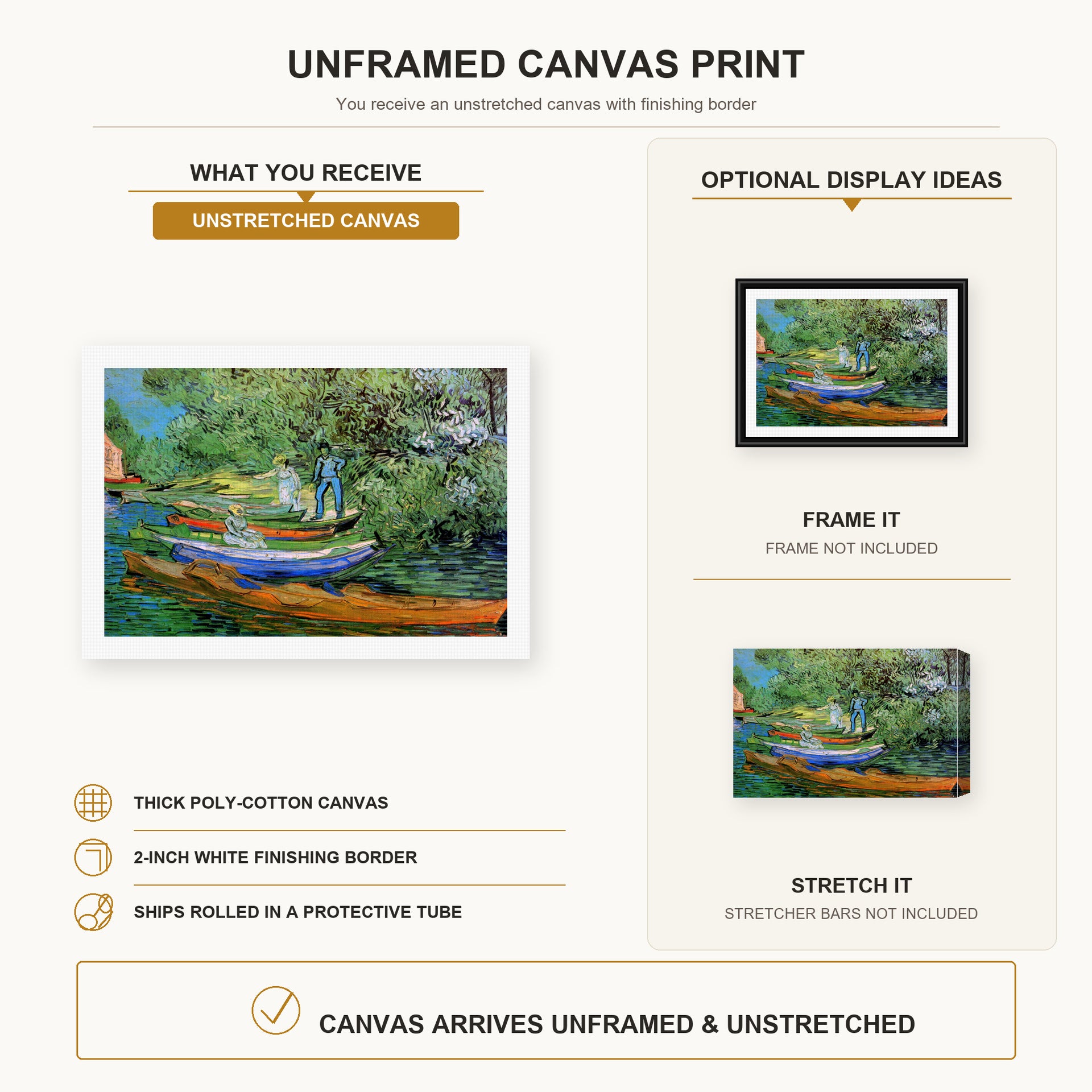 Vincent van Gogh - Bank of the Oise at Auvers canvas print size comparison and framing display infographic